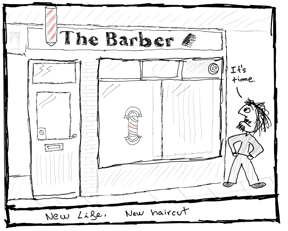A guy in front of the Barber shop